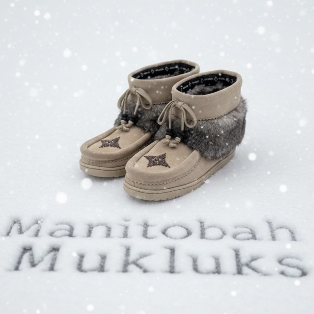 Manitobah Mukluks Waterproof Suede Fur Ankle Boots Sand Beige Beaded Womens 8